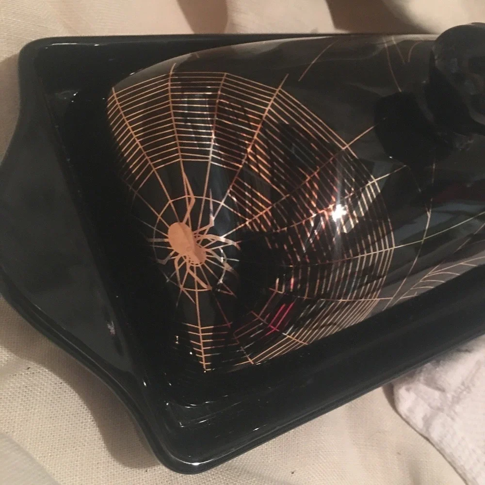 Park Chateau Spooky Ceramic Halloween Black Butter Dish With Gold Spiders & Webs